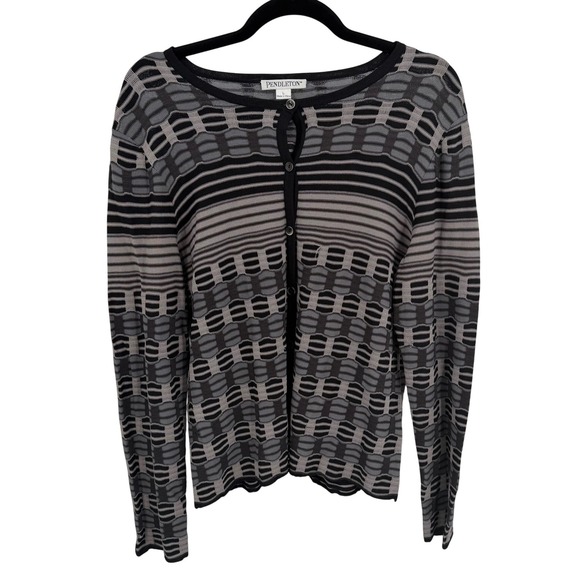 Pendleton Women's L Cardigan Black Grey Cityscape Knit Button Long Sleeve - Picture 1 of 10